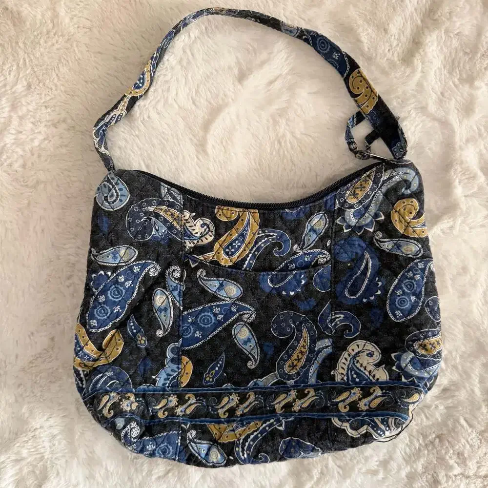 Navy Blue Paisley Quilted Short Shoulder Bag Purse